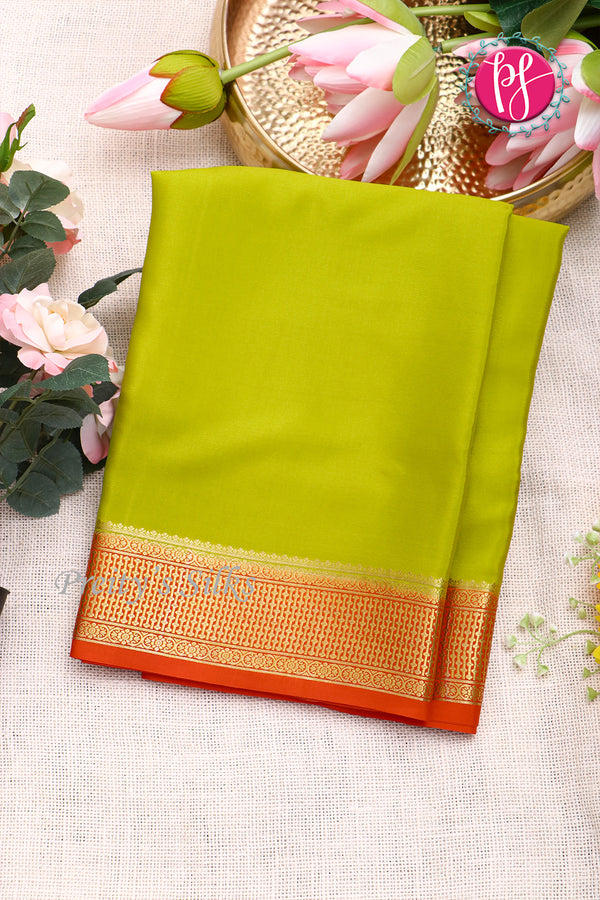 Pure Mysore Crepe Silk Saree-Neon Limegreen And Reddish-orange-PF82729