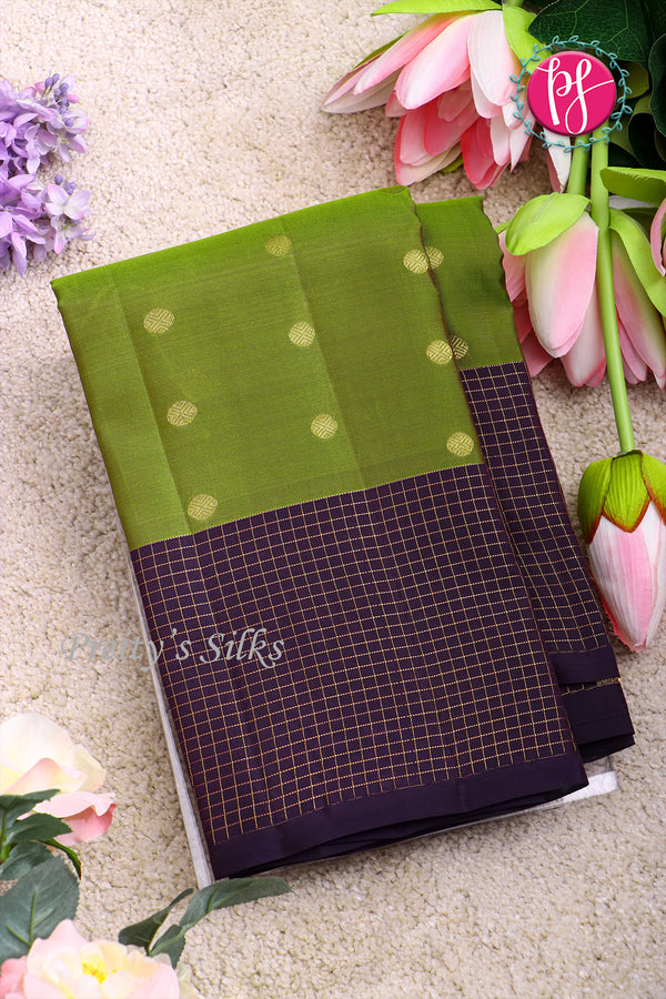 Half Pure kanchipuram Silk Saree-Olive Green And Purple-PA68718