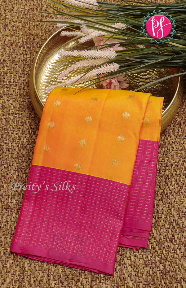 Half Pure kanchipuram silk Saree-Mustared Yellow With Pink - PF47153