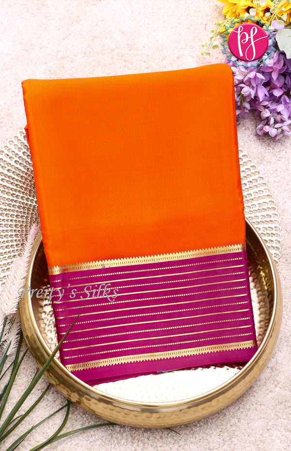 Pure Mysore Crepe Silk Saree With Line Border-Orange And Mejentapink-PF39189