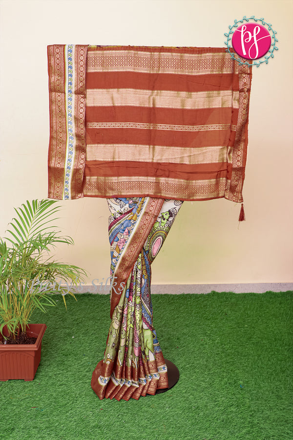 Russian Silk Saree with Check & Kalamkari Print