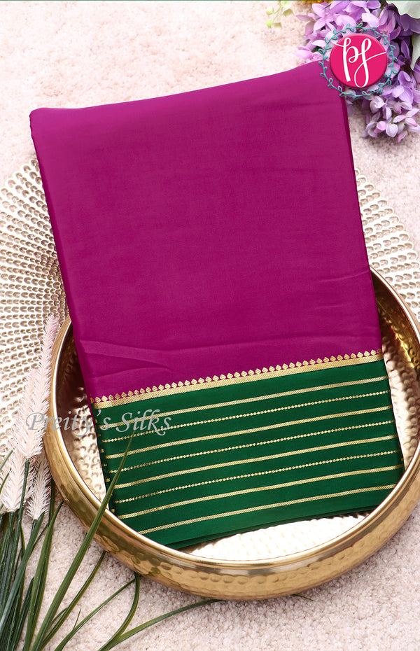 Pure Mysore Crepe Silk Saree With Line Border-Mejentapink And Green-PF39191