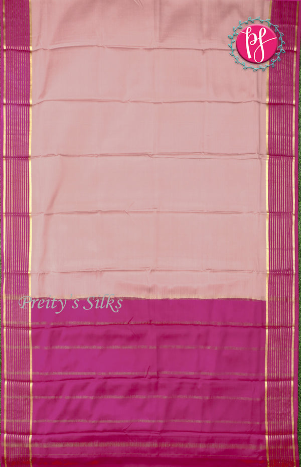 Pure Mysore Crepe Silk Saree With Line Border-Chikku and Pink-PF39187