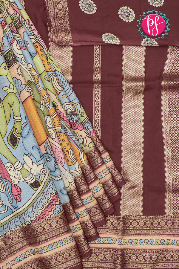 Russian Silk Saree with Check & Kalamkari Print