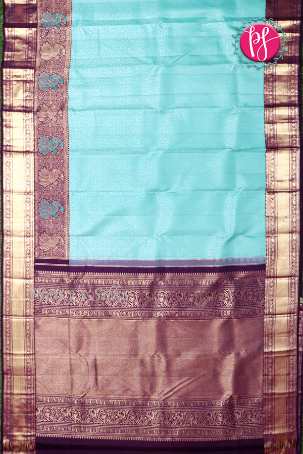 Pure Brocade Kanchipuram Silk Saree-Cyan-Blue-PF83491