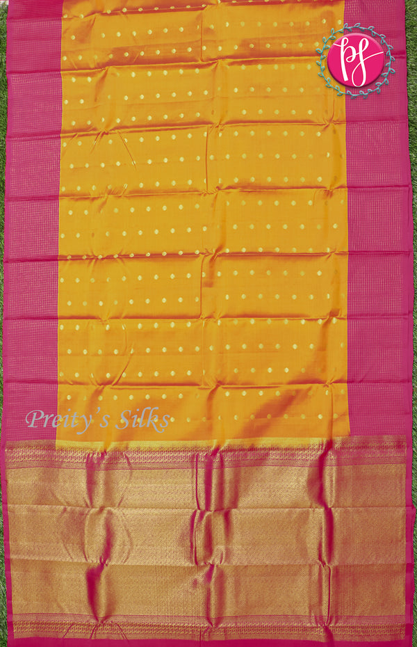 Half Pure kanchipuram silk Saree-Mustared Yellow With Pink - PF47153