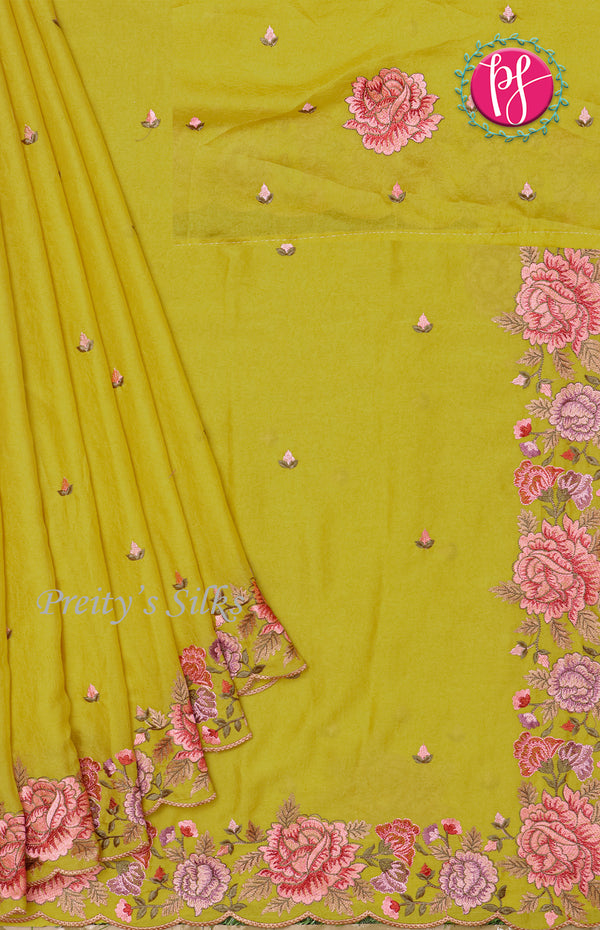 Crushed Semi Silk Saree -Flower Border