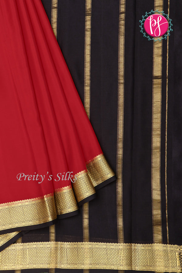 Pure Mysore Crepe Silk Saree-Red And Black-PF82729