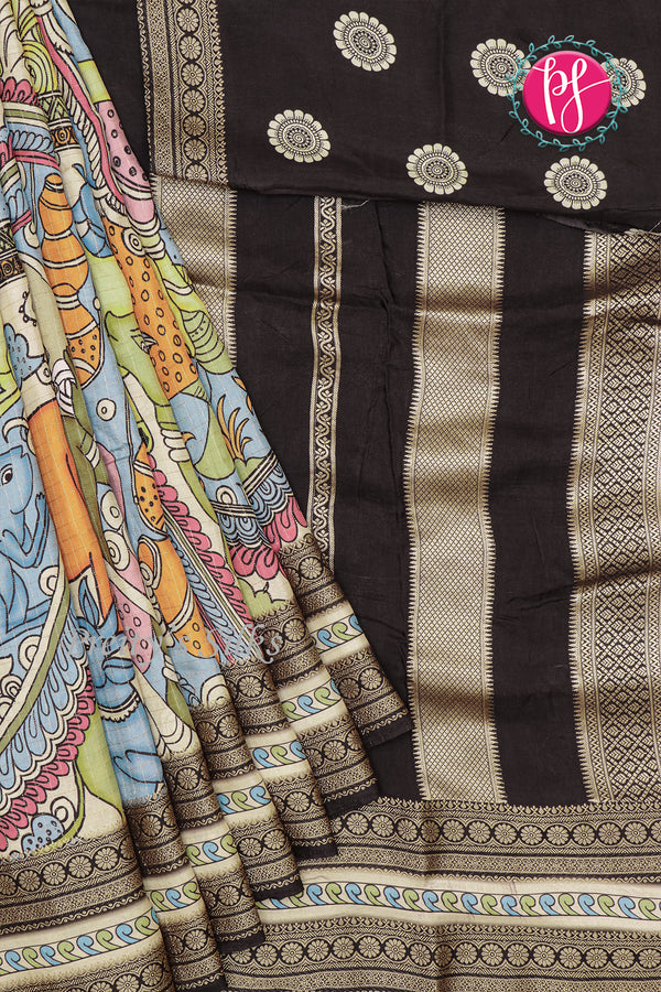 Russian Silk Saree with Check & Kalamkari Print
