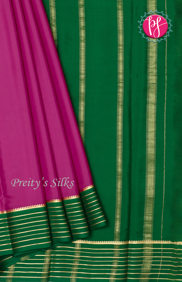 Pure Mysore Crepe Silk Saree With Line Border-Mejentapink And Green-PF39191