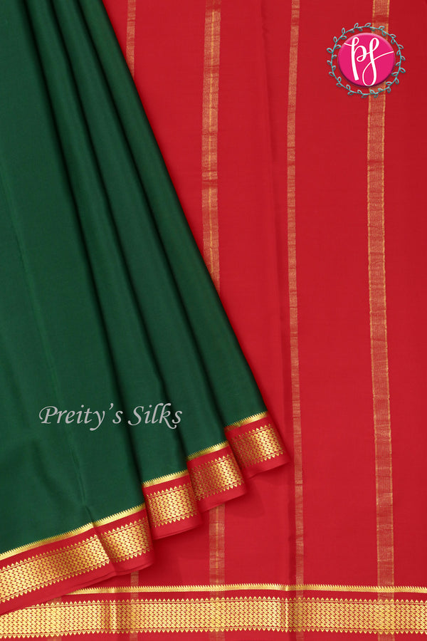 Pure Mysore Crepe Silk Saree -Bottle green And Red-PA10650