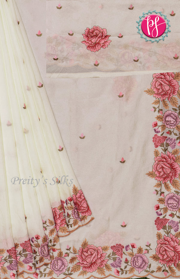 Crushed Semi Silk Saree -Flower Border