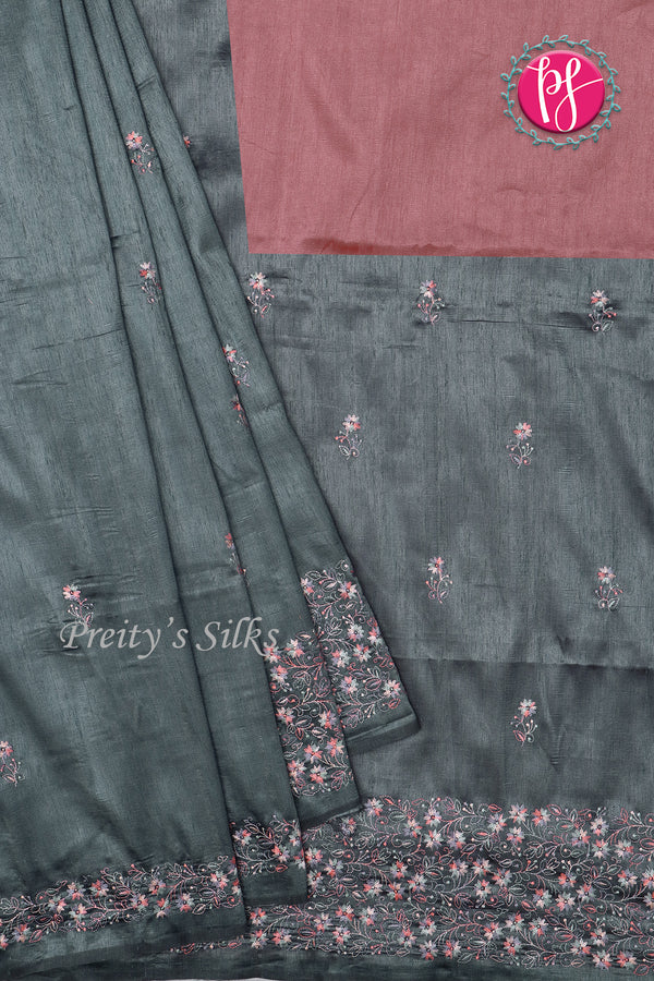 Semi Tussar silk saree with Embroidery work-PF71757