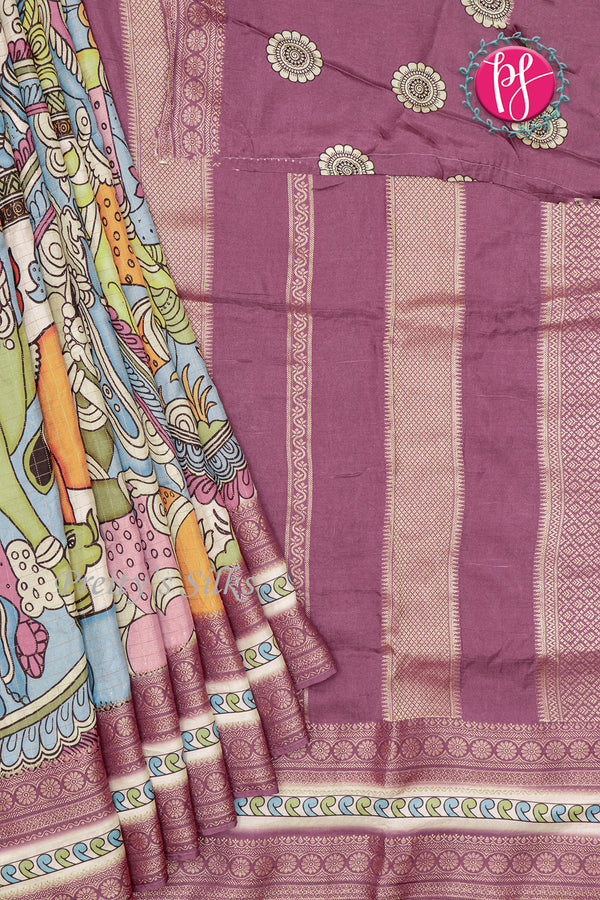 Russian Silk Saree with Check & Kalamkari Print