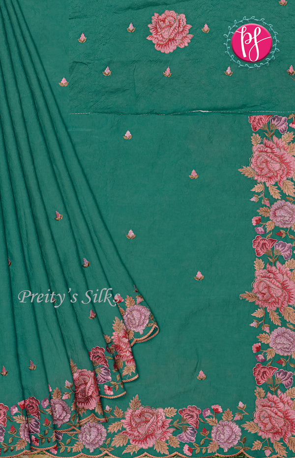 Crushed Semi Silk Saree -Flower Border
