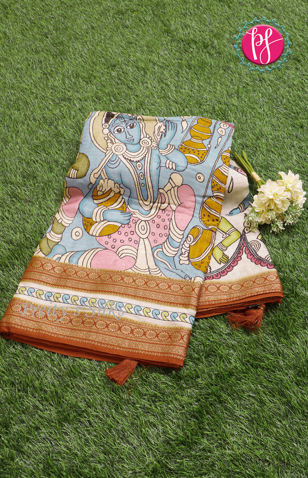 Russian Silk Saree with Check & Kalamkari Print