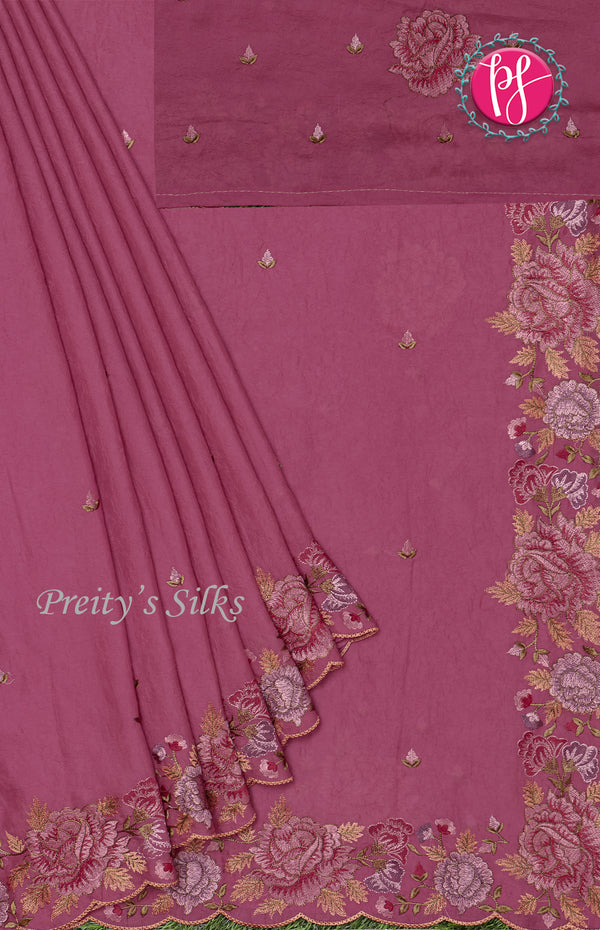 Crushed Semi Silk Saree -Flower Border