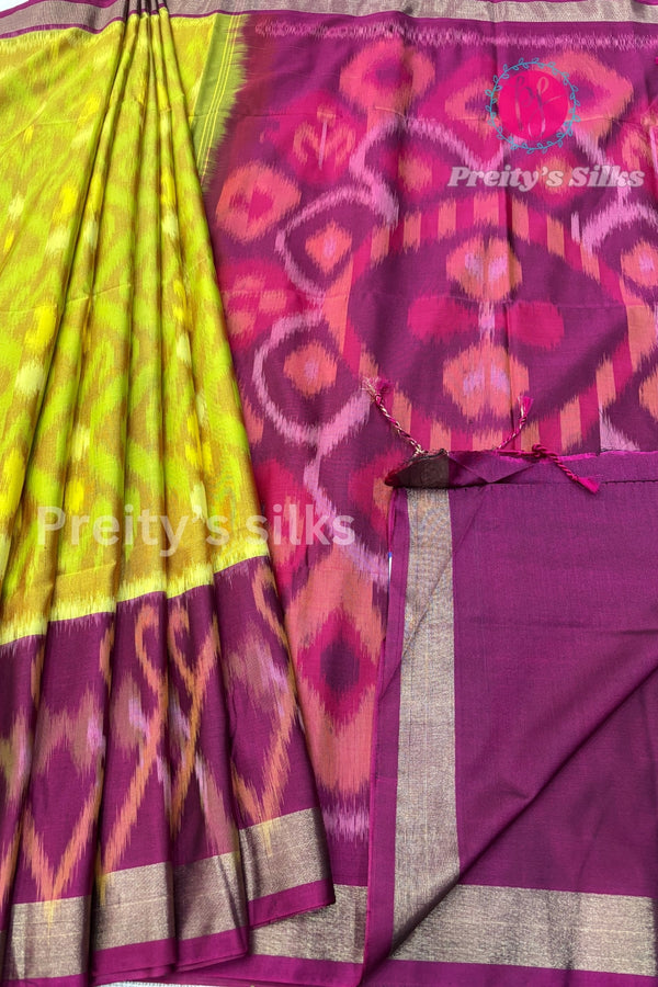Semi Pochampally Soft Silk Saree-PF44590 - Olive Green with Magenta Pink