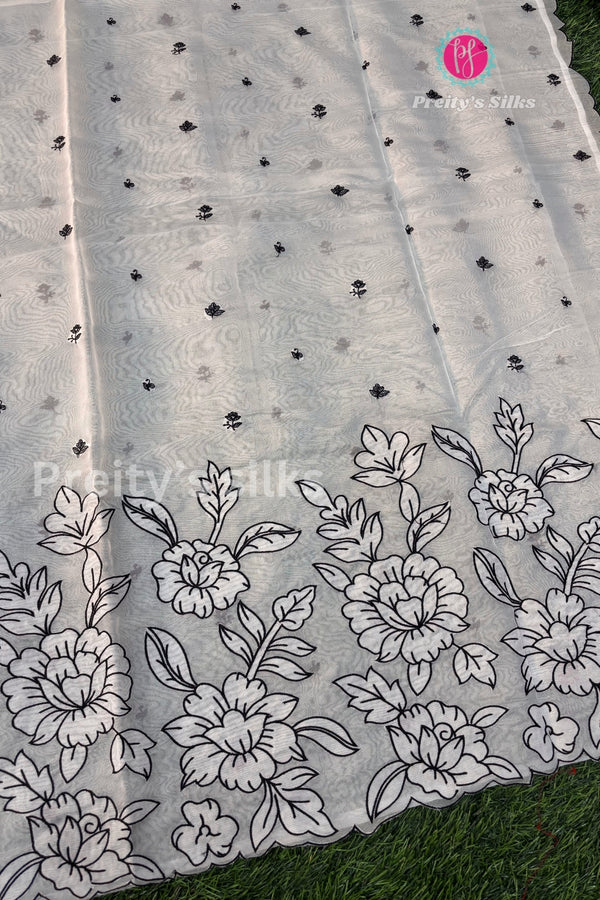 Organza silk with embroidery design - Half White with Black embroidery design-PF64748