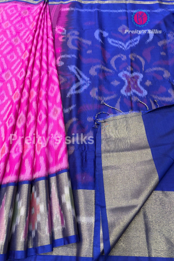 Semi Pochampally Soft Silk Saree-PF44593 - Pink with Royal Blue