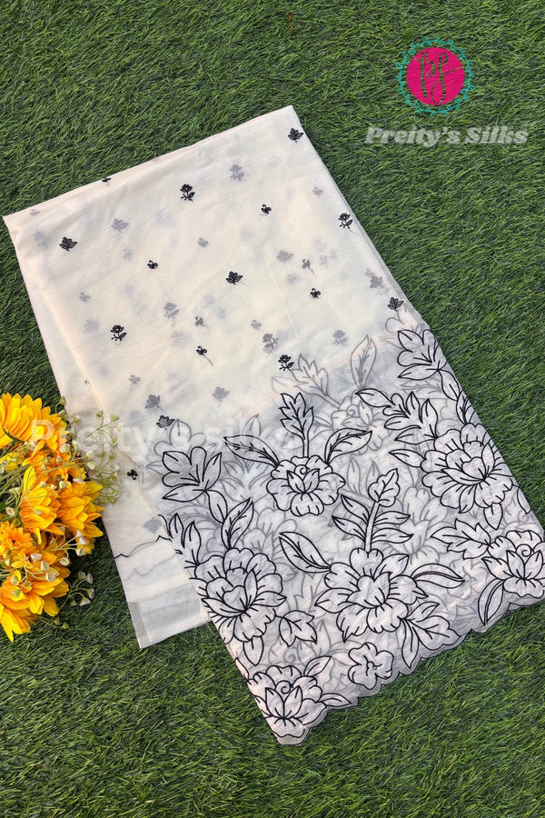 Organza silk with embroidery design - Half White with Black embroidery design-PF64748