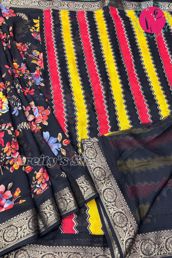 Semi Georgette Silk Saree-Multicolour Floral Prints-PF70820