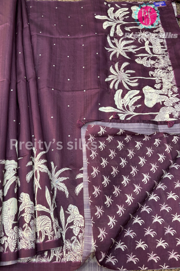 Semi Tussar Silk with mirror work and Appliqué Work Silk Saree- PF32426