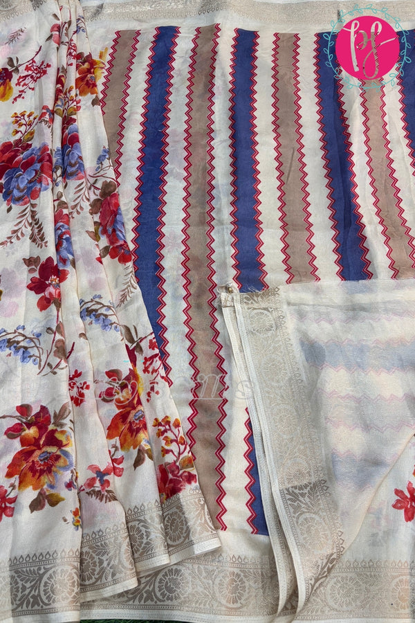 Semi Georgette Silk Saree-Multicolour Floral Prints-PF70820