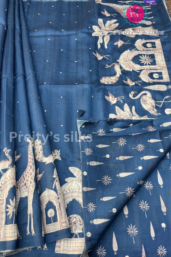 Semi Tussar Silk with mirror work and Appliqué Work Silk Saree- PF32426