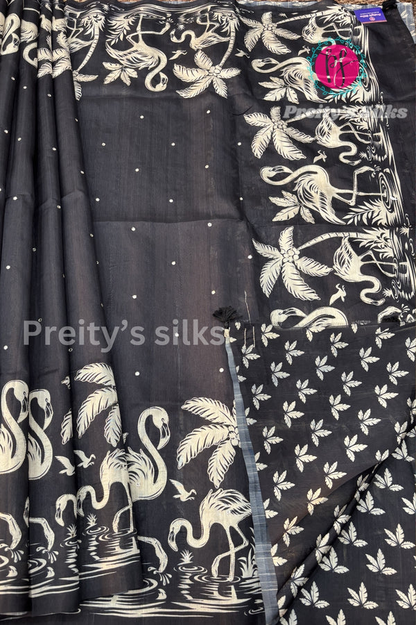 Semi Tussar Silk with mirror work and Appliqué Work Silk Saree- PF32426