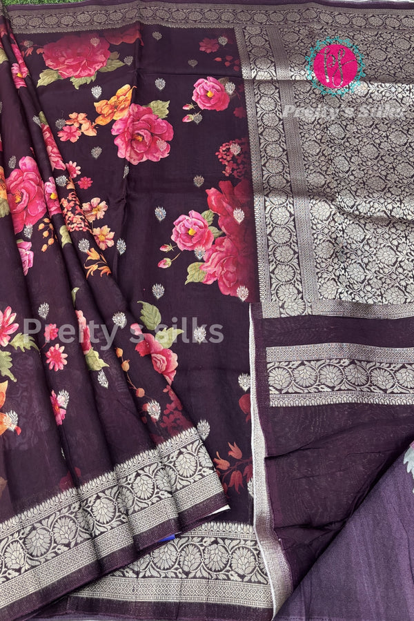 Tussar Silk Saree with Floral Print-PF58917