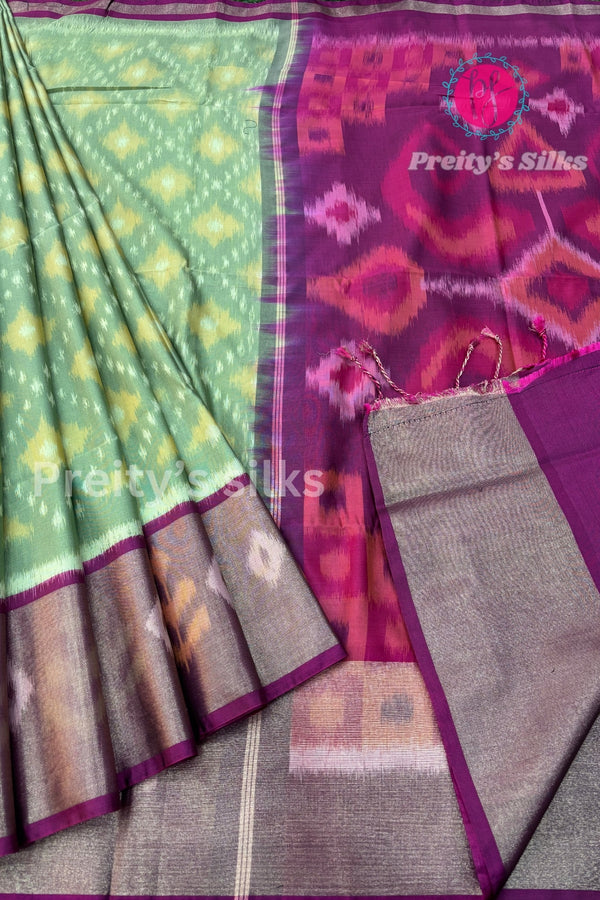 Semi Pochampally Soft Silk Saree-PF42871 - Pista Green with Magenta Pink