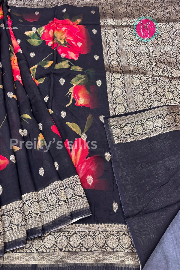 Floral Print Tussar Crepe Silk Saree