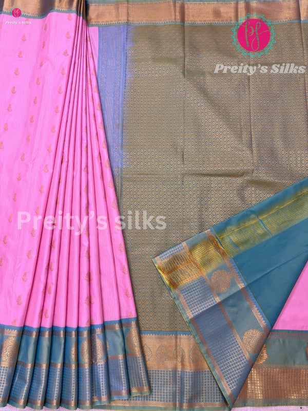 Semi Kanchipuram silk Saree - Baby Pinkwith Dual shade Green - PF39425