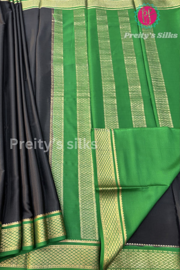 Pure Mysore Crepe Silk Saree-PT05025 - Black with Dark Green