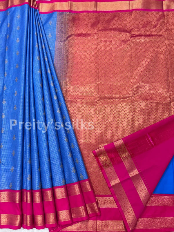 Semi Kanchipuram Silk Saree- Blue with pink- PF39406