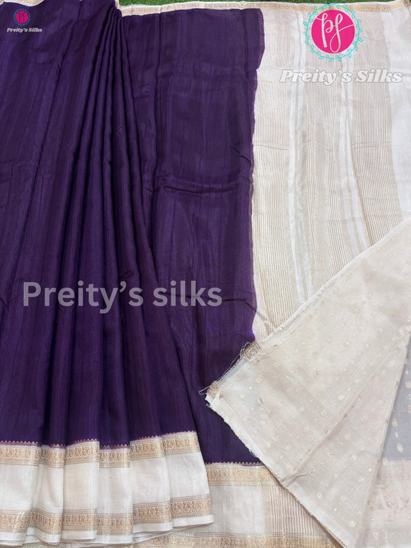 Semi Dupion Silk Saree -Purple With Half White- PF45051