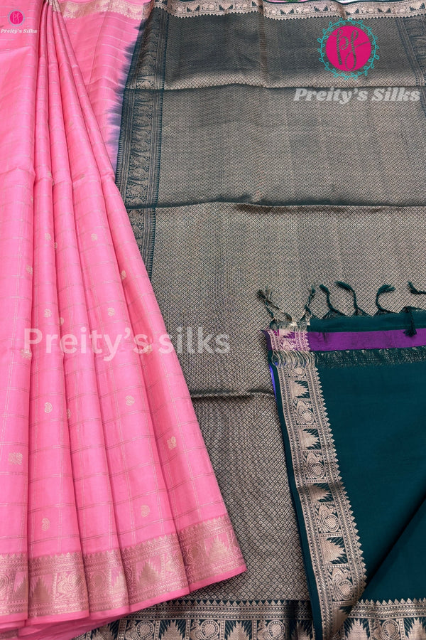 Pure Handloom Kanchipuram Soft Silk Saree- Baby Pink with Bottle Green-PF46170