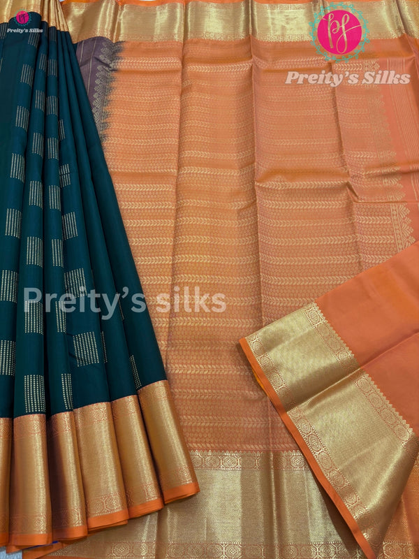 Half Pure Kanchipuram Silk Saree -Bottle Green with Orange - PF23526