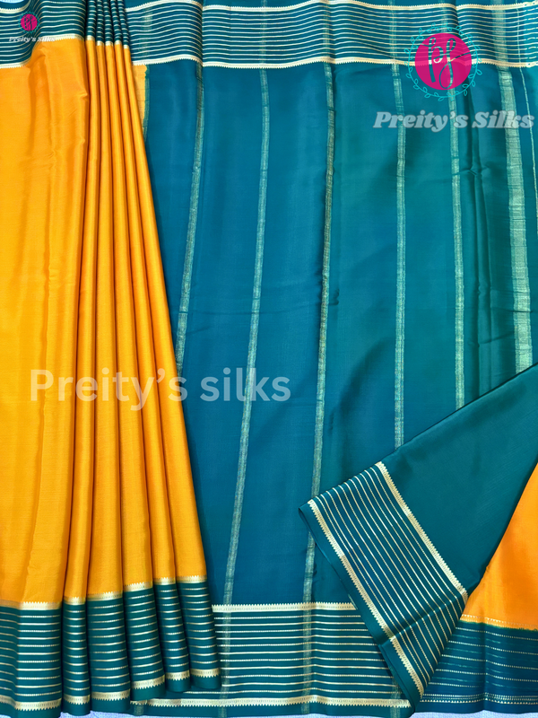 Pure Mysore Crepe Silk Saree- Mustard Yellow with Bottle Green - PF39190
