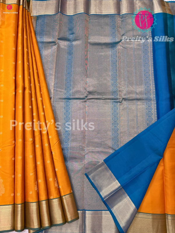 Half Pure Kanchipuram Silk Saree -Mustard Yellow with Peacock Blue- PF14729