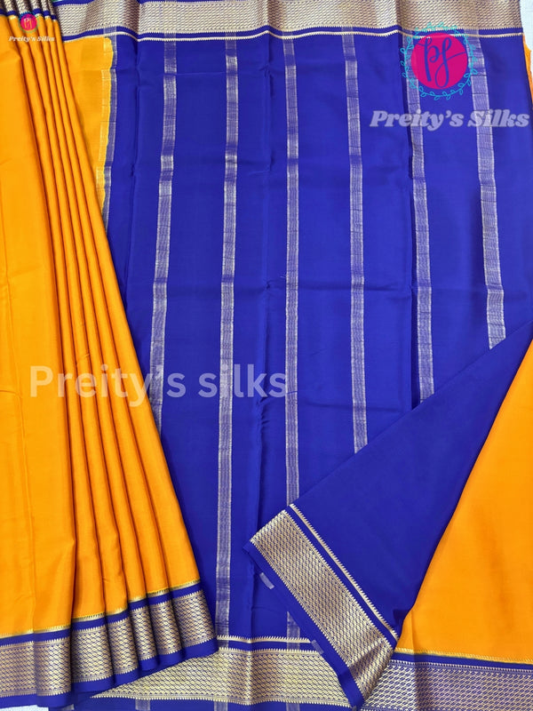 Pure Mysore Crepe Silk Saree-Mustard Yellow with navy Blue - PF35940