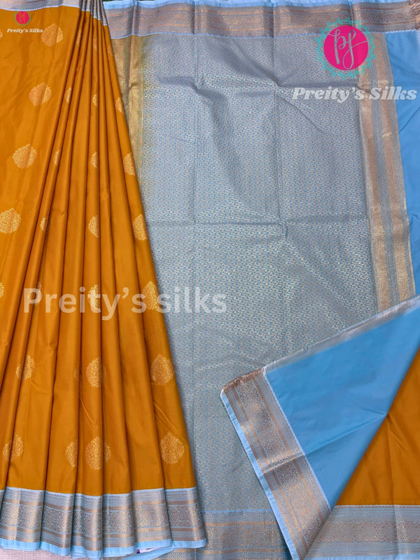 Semi Kanchipuram silk Saree -Mustard Yellow with sky Blue- PF39501