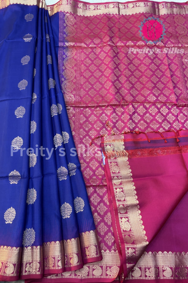 Pure Kanchipuram Soft Silk Saree-Navy Blue With Pink - PF28853
