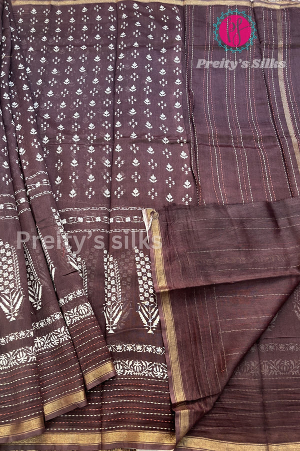 CHANDERI COTTON SILK with Katha Stitche work SAREE-PF09458 - Brown