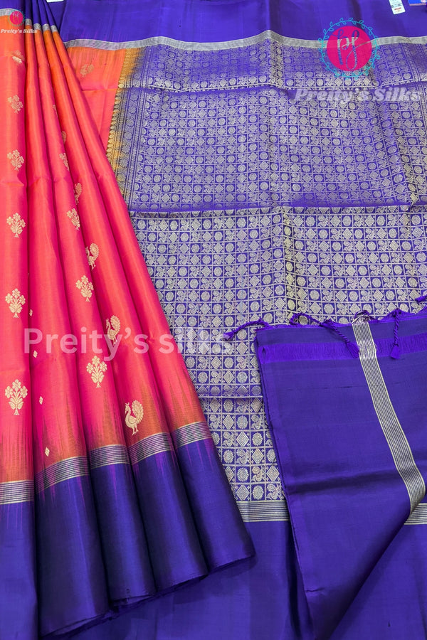Pure Kanchipuram Soft Silk Saree- Dual Shades pink With Purple - PF13561