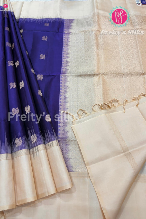 Pure Kanchipuram Soft Silk Saree-Purple With Cream- PF13572