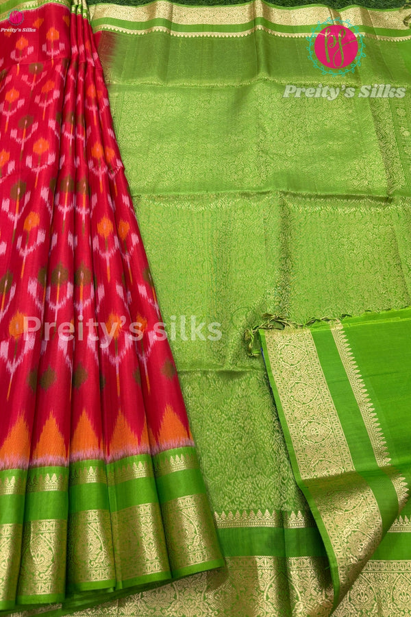 Pure Pochampally soft silk Saree- Red with Parrot Green-PF38065