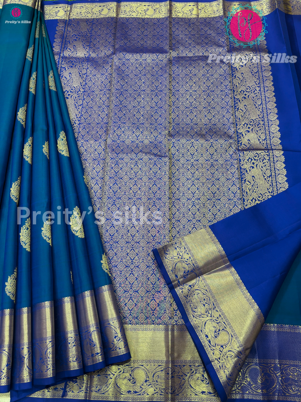 Pure Kanjeevaram Silk - Peacock Blue with Royal Blue - PF37555