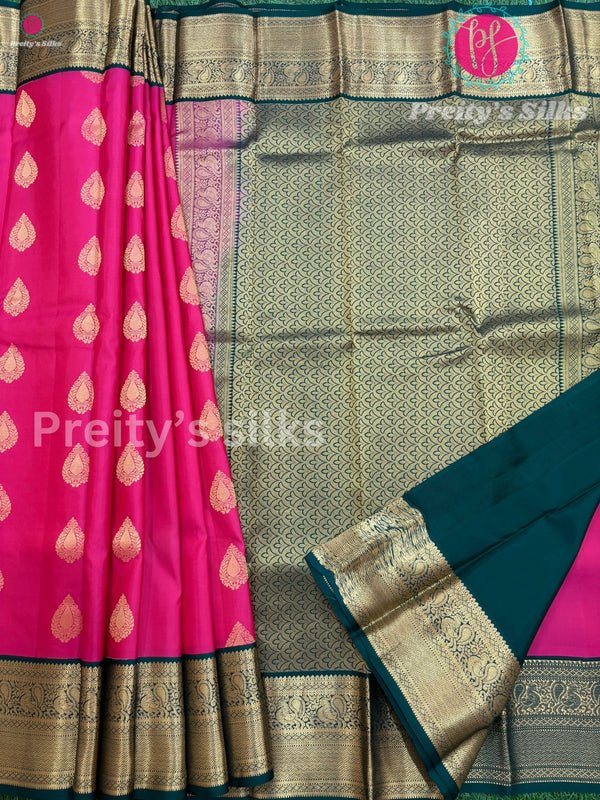 Pure Kanjeevaram Silk Saree -Pink With Bottle Green - PT33692